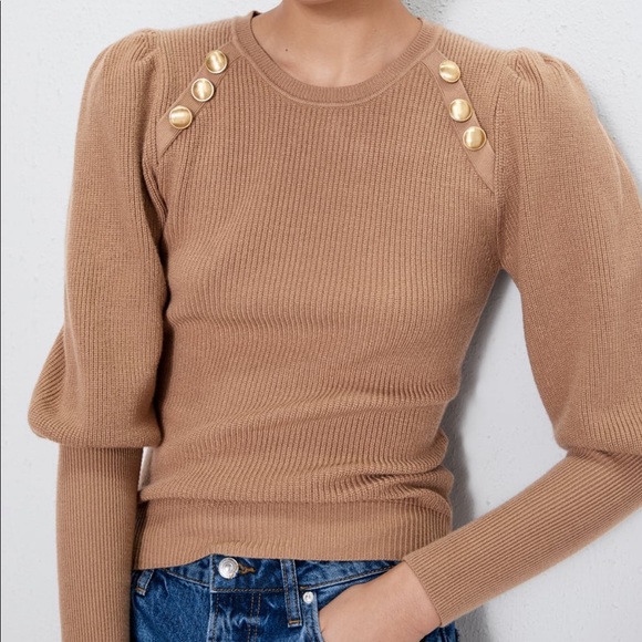 Zara Tan Gold Button Puff Sleeve Sweater - Picture 3 of 6